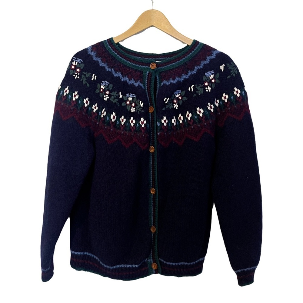 Northern Reflections Vintage Wool Blend Floral Embroidered Navy Cardigan Sweater